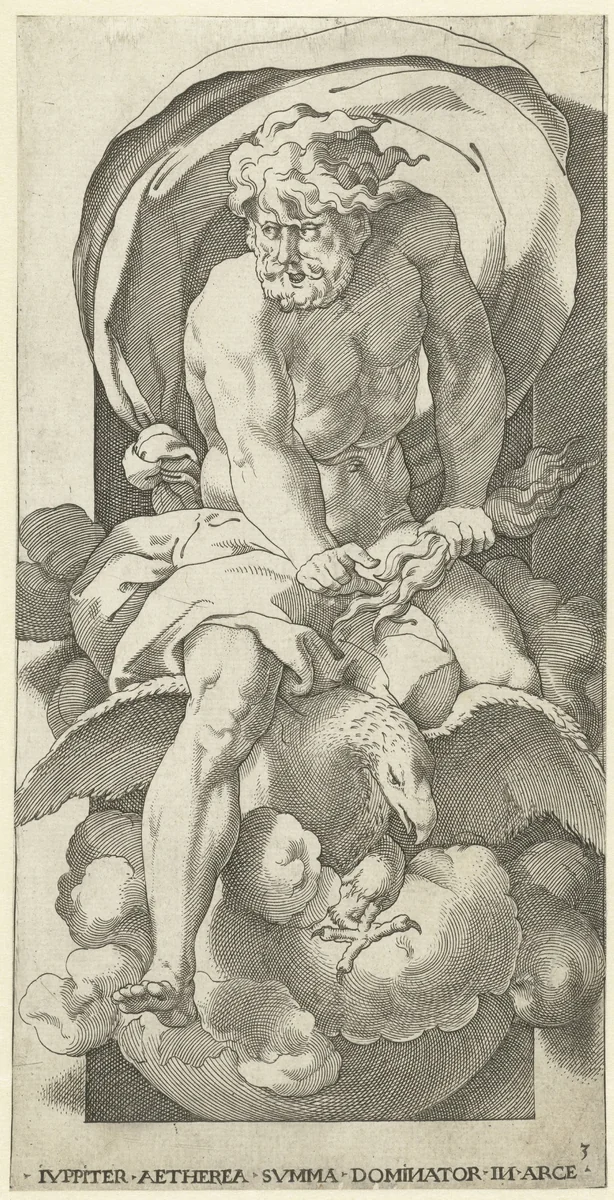 Jupiter op wolken met bliksemschichten en adelaar by Jacob Binck, print, 1530