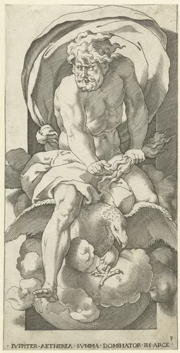 Jupiter op wolken met bliksemschichten en adelaar by Jacob Binck, print, 1530