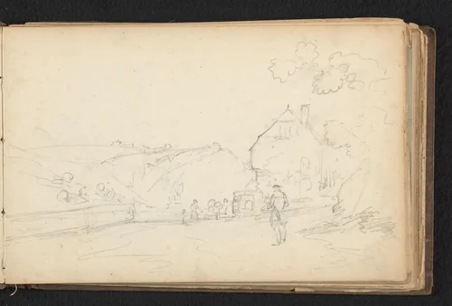 Heuvelig landschap met huis by Jan Bedijs Tom, drawing, 1823-1894