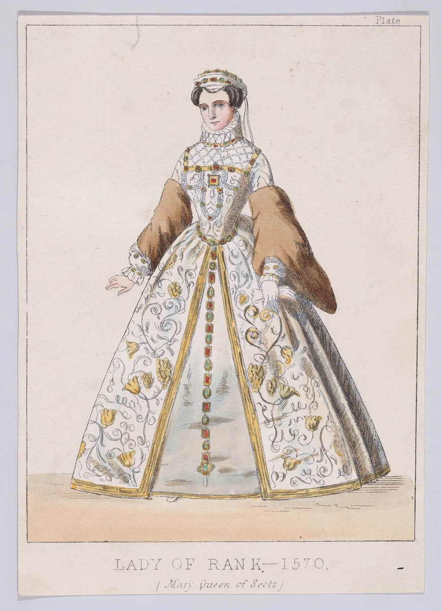 Mary, Queen of Scots as a Lady of Rank (from "Female costumes, historical, national, and dramatic," plate 163) by Thomas Hailes Lacy, print, 1860-1870