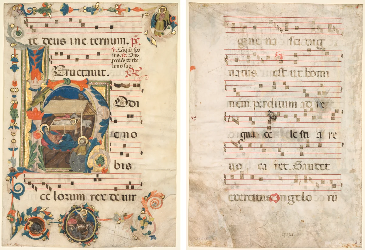 Leaf from an Antiphonary with Historiated Initial (H) with The Nativity (recto) and Music (verso) by Unknown, manuscript, 1300-1325