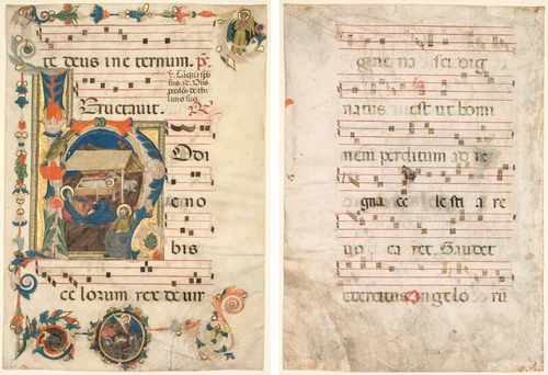 Leaf from an Antiphonary with Historiated Initial (H) with The Nativity (recto) and Music (verso) by Unknown, manuscript, 1300-1325