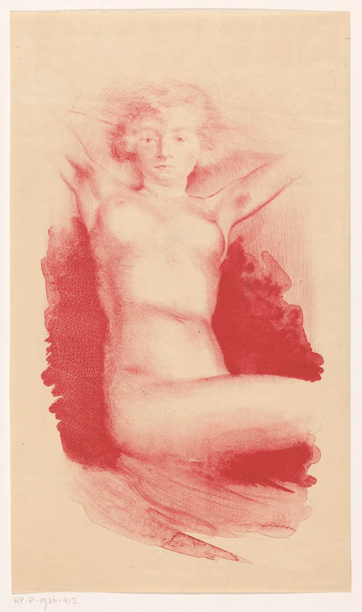 Zittende naakte vrouw by Huib Luns, print, 1891-1936