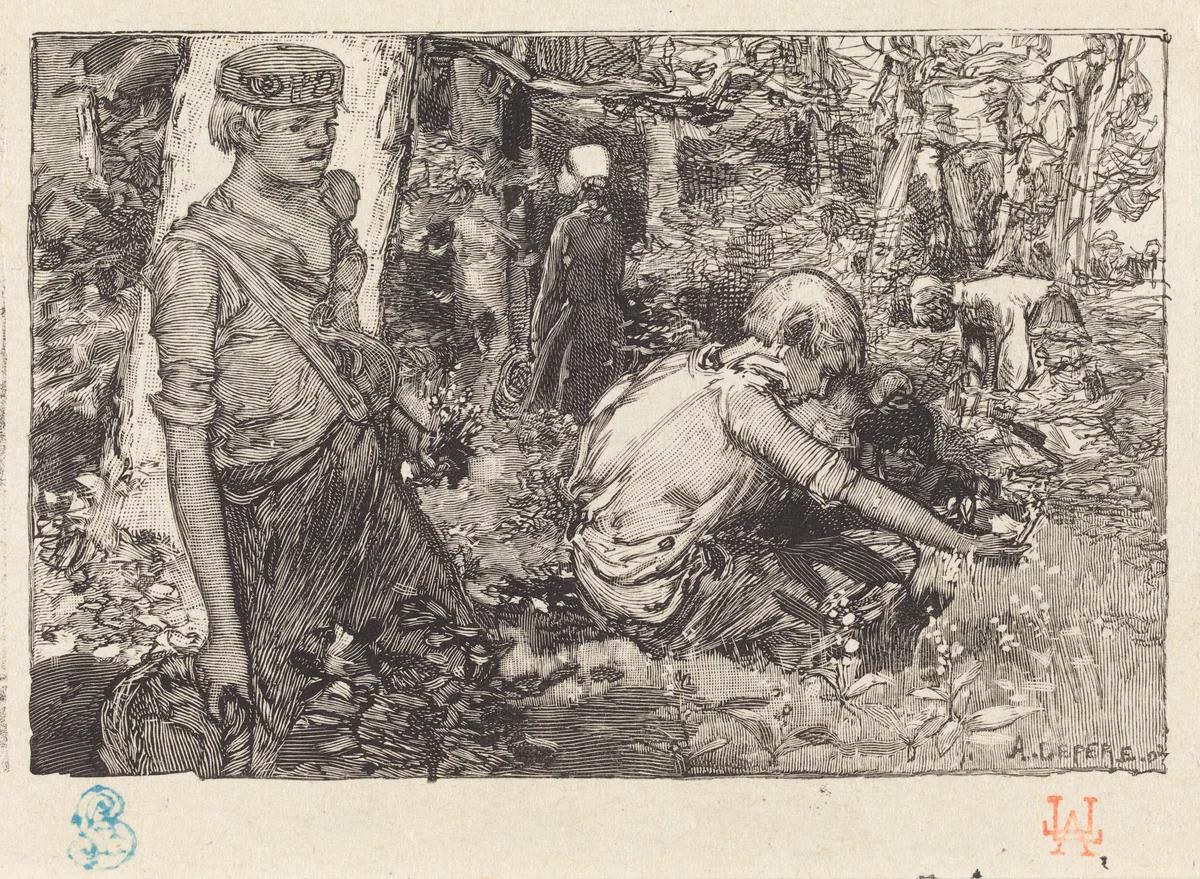 Gathering of May-lily (La cueillette du muguet) by Auguste Lepère, print, 1908