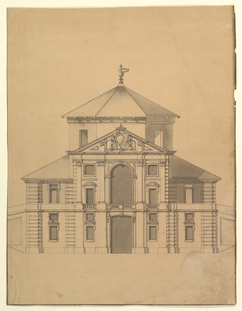 Elevation for a Building with an Octogonal Cupola and two stoy Pendimenting Facades by anonymous, drawing, 1700-1780