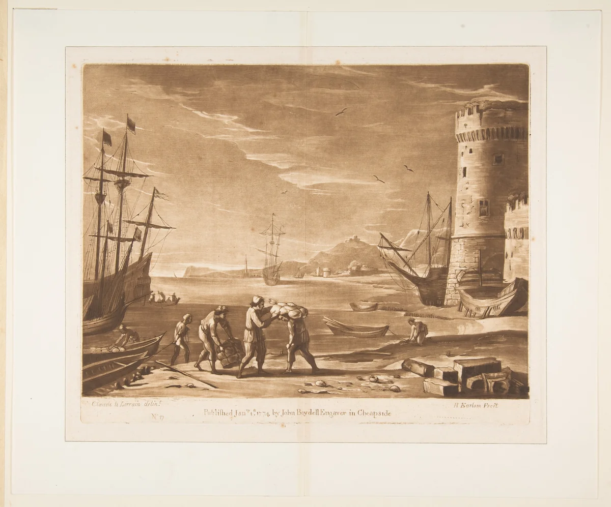 Seaport with Sailors Loading Merchandise by Richard Earlom, print, 1774