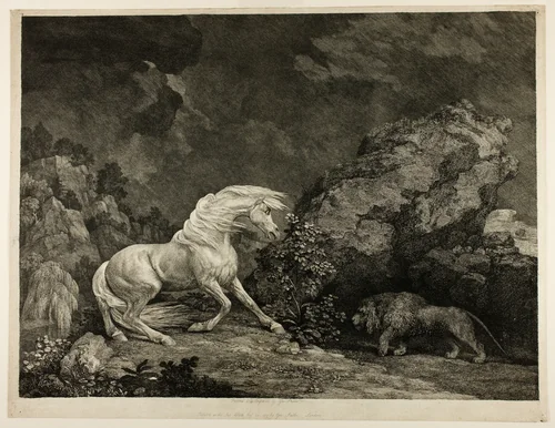 A Horse Affrighted by a Lion by George Stubbs, print, 1777