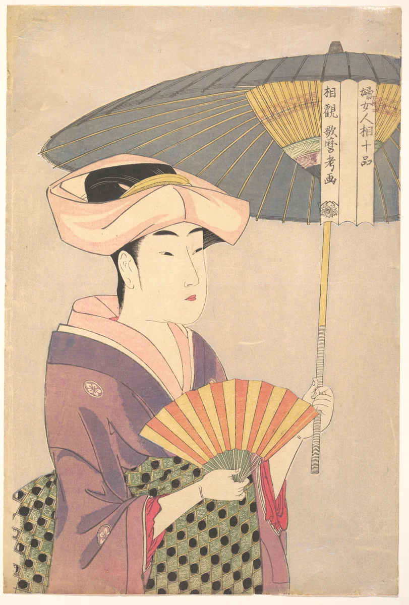 “Woman Holding Up a Parasol” from the series Ten Classes of Women’s Physiognomy (Fujo ninsō juppen: Higasa o sasu onna) by Kitagawa Utamaro (喜多川歌麿), print, 1792-1793