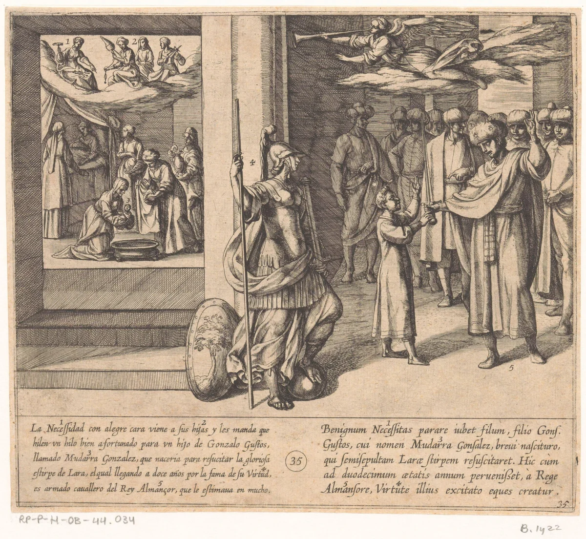 De schikgodinnen weven de levensdraad van Mudarra, die wordt geridderd door Almanzor by Antonio Tempesta, print, 1612