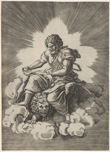 St. Mark, seated with an unfurled scroll in his hands, a winged lion's head and forefeet emerge beneath his robes, from a series of the four evangelists after Agostino Veneziano, which are in turn after Giulio Romano by anonymous, print, 1518