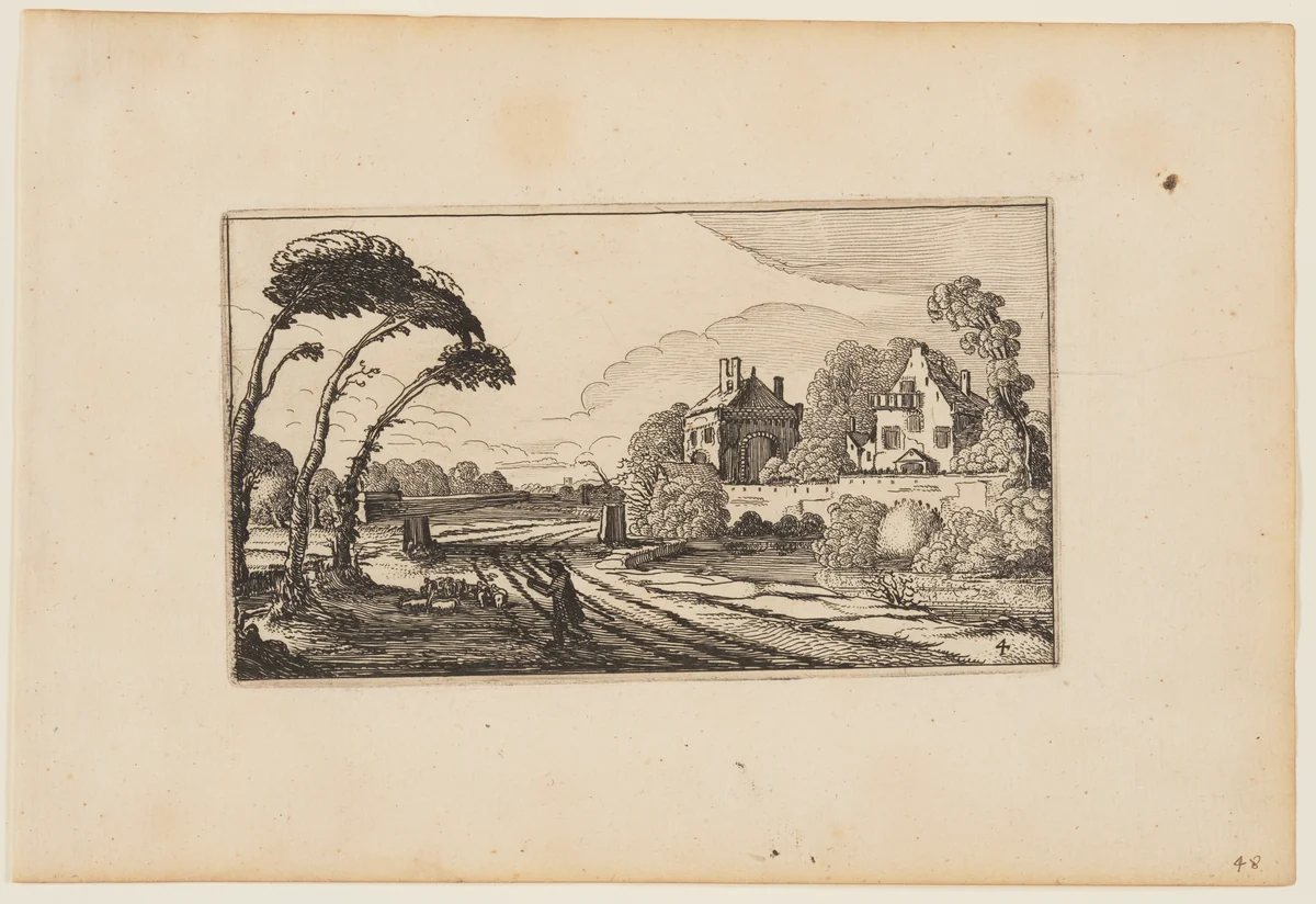 Road to Left of a Moated and Walled Country House, from Twelve landscapes with Figures by Gillis van Scheyndel, print, 1624