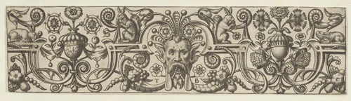 Frieze with a Bearded Mask Wearing a Headdress of Tendrils and Strapwork by Theodor de Bry, print, 1585-1595