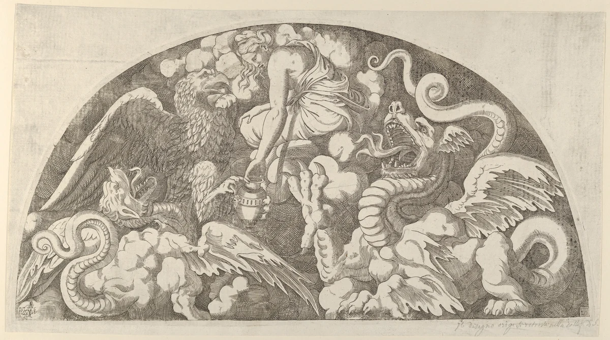 Jupiter's Eagle Bringing the Water to the Styx to Psyche by Léon Davent, print, 1540-1556