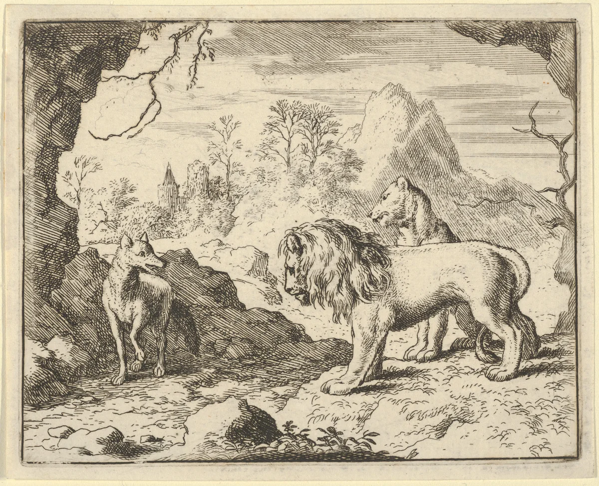 Renard Convinces the Lion and Lioness of Finding a Treasure His Father Stole from Them from Hendrick van Alcmar's Renard The Fox by Allart van Everdingen, print, 1650-1675