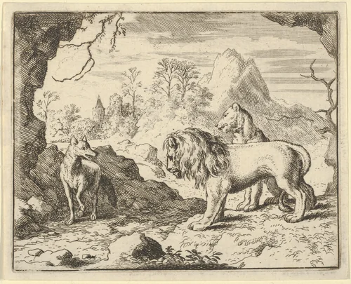 Renard Convinces the Lion and Lioness of Finding a Treasure His Father Stole from Them from Hendrick van Alcmar's Renard The Fox by Allart van Everdingen, print, 1650-1675