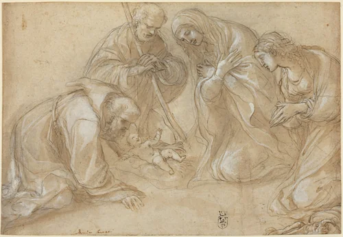 The Nativity with Saints Francis and Agnes by Lodovico Carracci, drawing, 1605