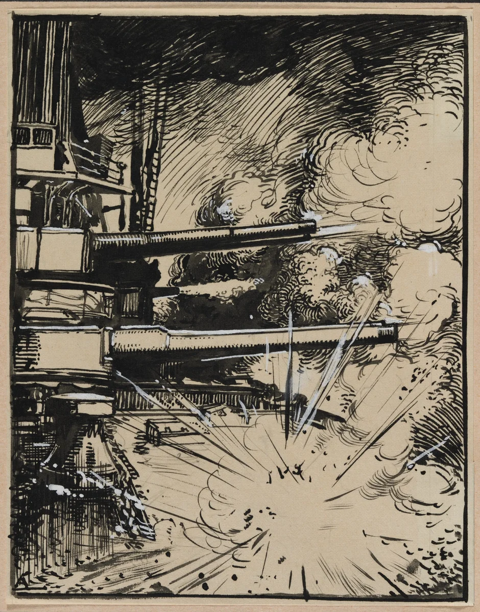 Bombe explosant sur un cuirasse aux canons braques by Auguste Louis Lepère, drawing, 1914