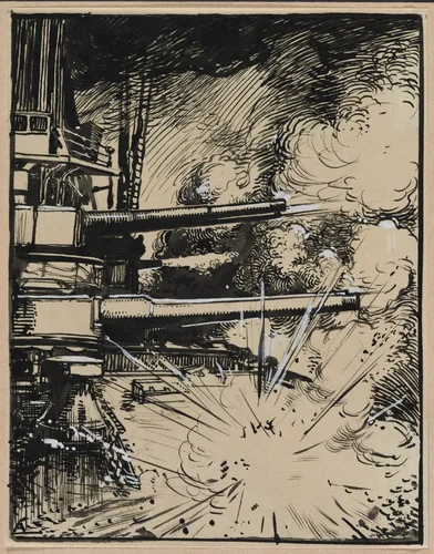 Bombe explosant sur un cuirasse aux canons braques by Auguste Louis Lepère, drawing, 1914