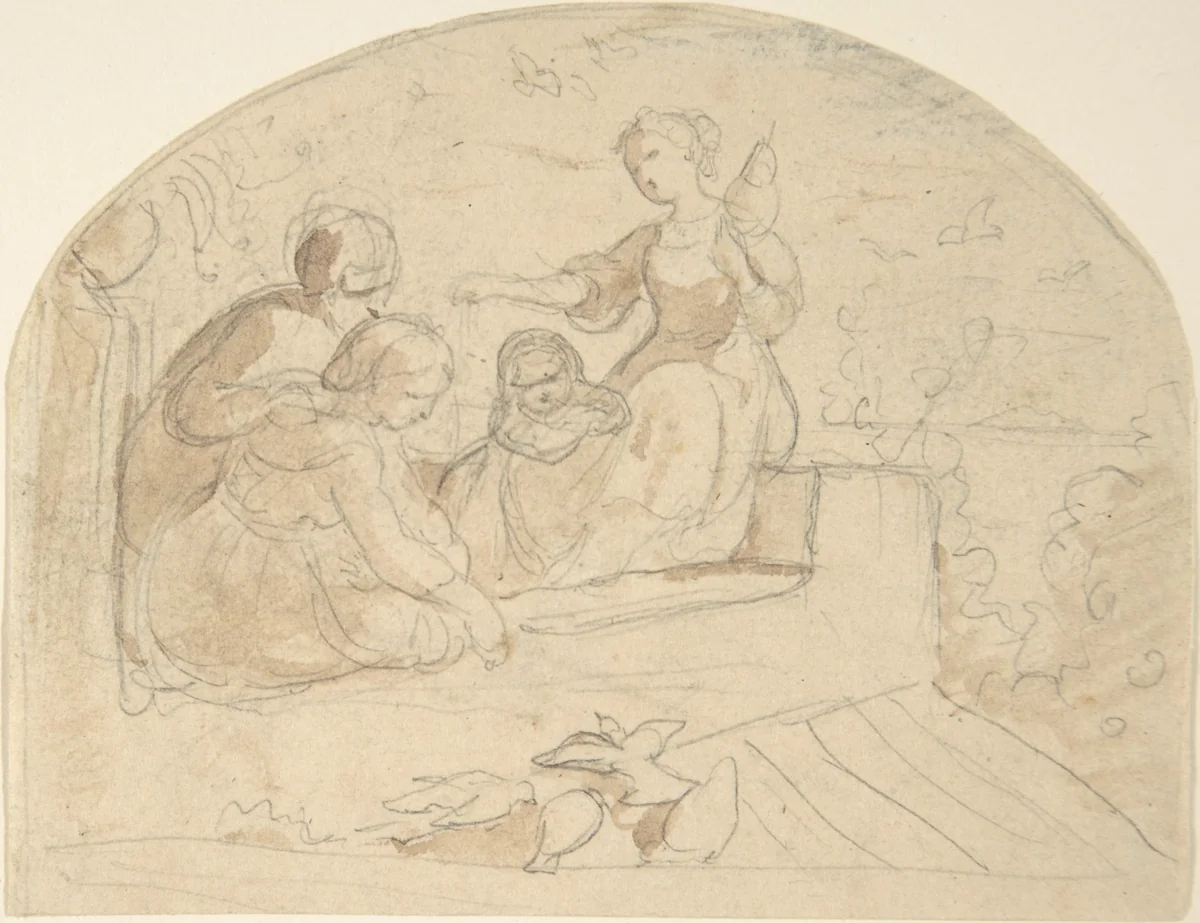 Three Women and a Child on a Roof by Adrian Ludwig Richter, drawing, 1820-1884
