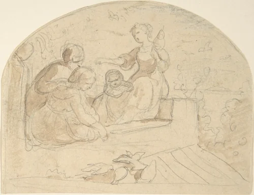 Three Women and a Child on a Roof by Adrian Ludwig Richter, drawing, 1820-1884