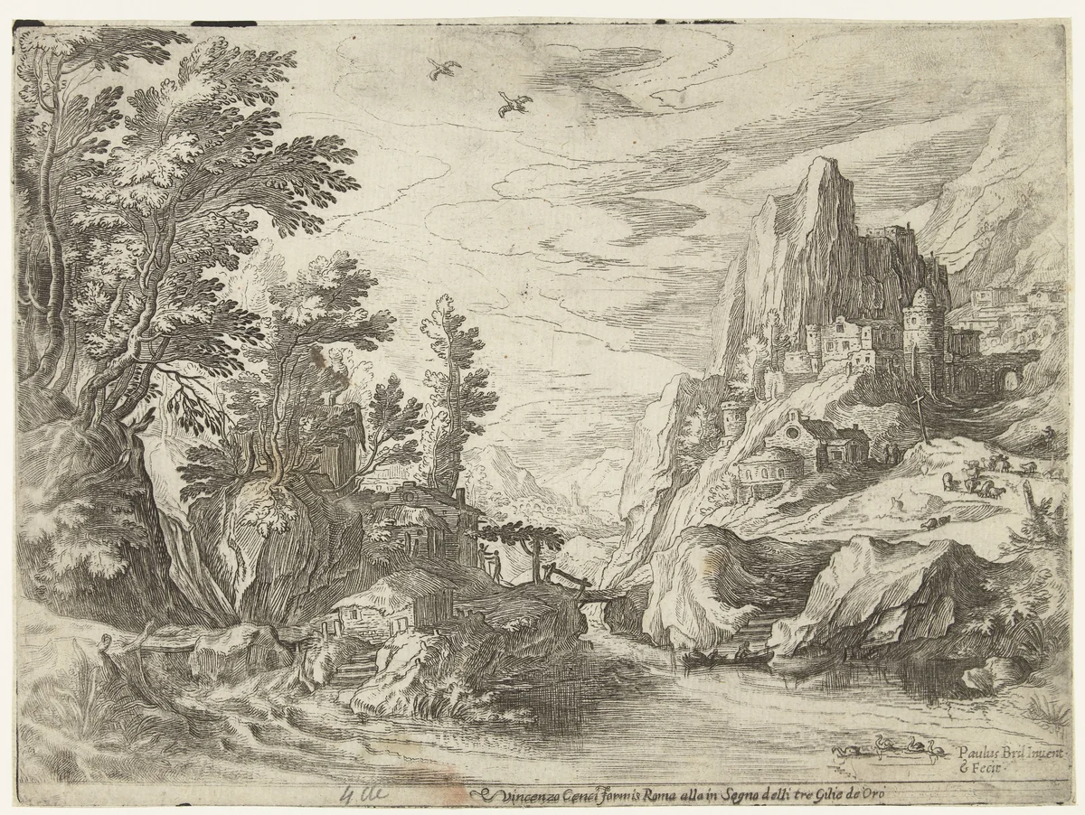 Rivierlandschap in Campania met stad op rotsen by Unknown, print, 1590