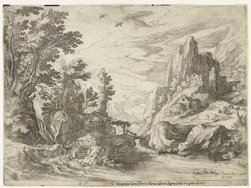 Rivierlandschap in Campania met stad op rotsen by Unknown, print, 1590