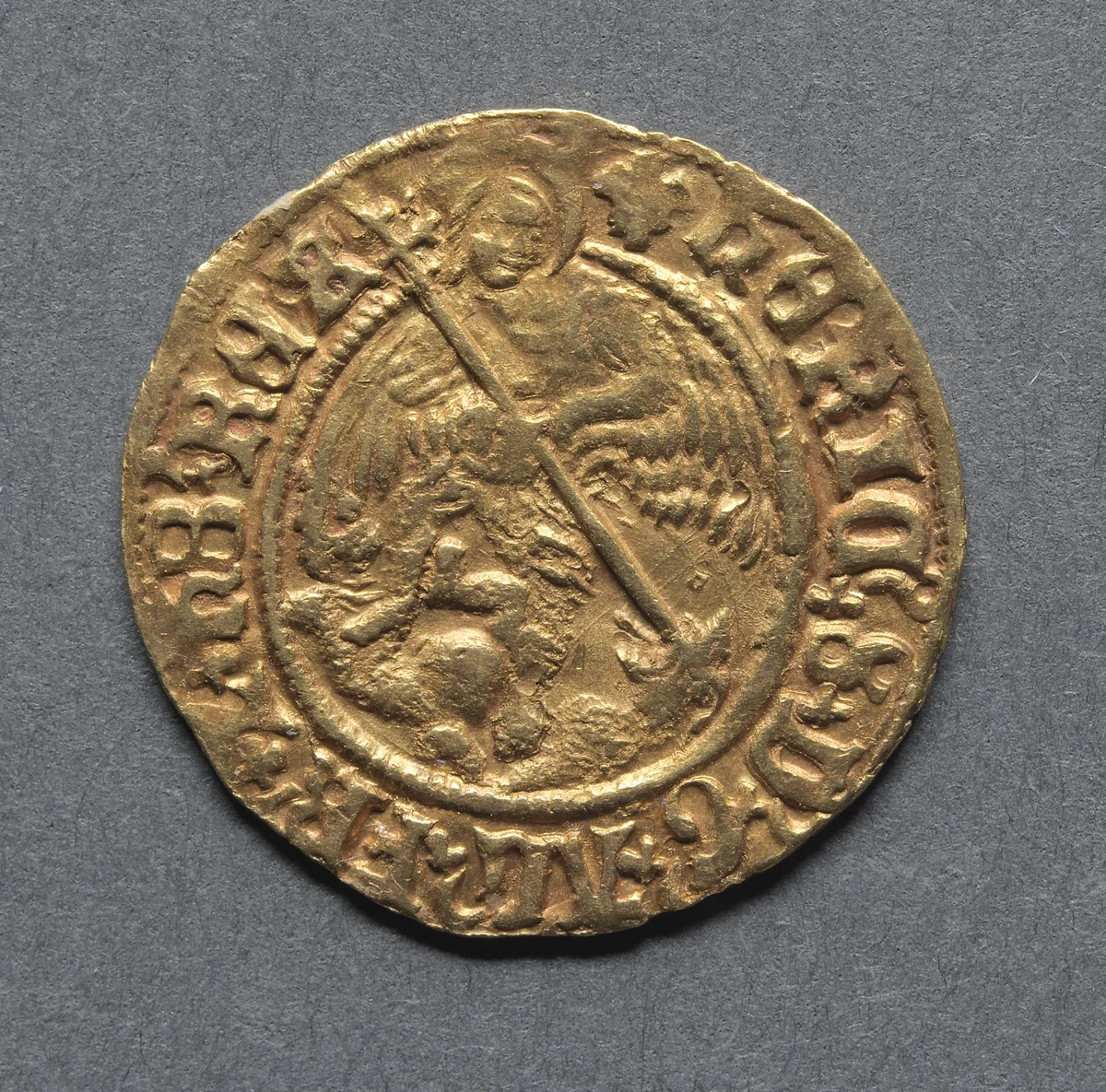 Half Angel: Angel Slaying a Dragon (obverse) by Unknown, metalwork, 1526-1544