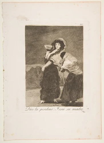 Plate 16 from "Los Caprichos": For heaven's sake: and it was her mother (Dios la Perdone: Y era su madre) by Goya, print, 1799