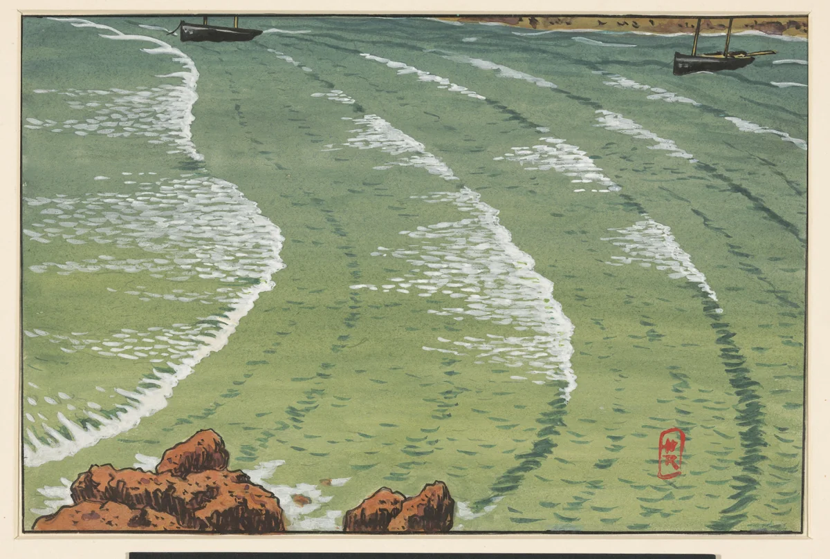 Zee, in een baai, met schepen voor de rotsige kust by Henri Rivière, drawing, 1874-1920