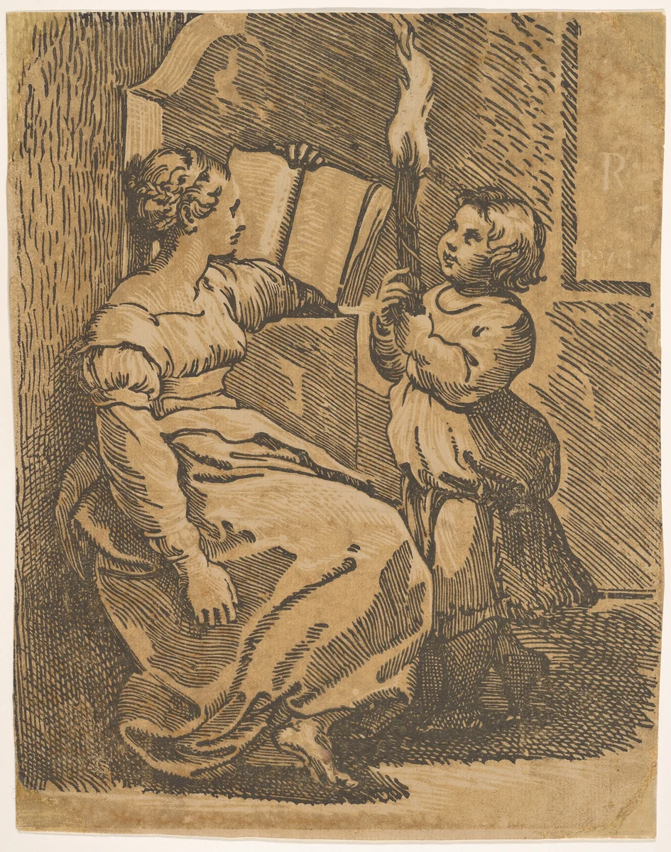 A Sybil reading facing right by Ugo da Carpi, print, 1512-1522