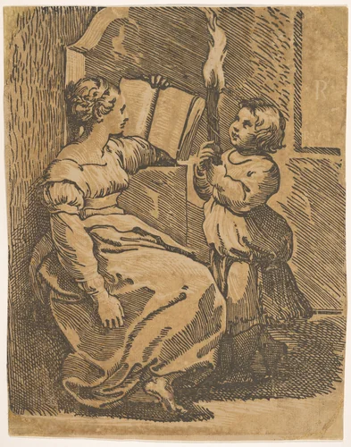 A Sybil reading facing right by Ugo da Carpi, print, 1512-1522