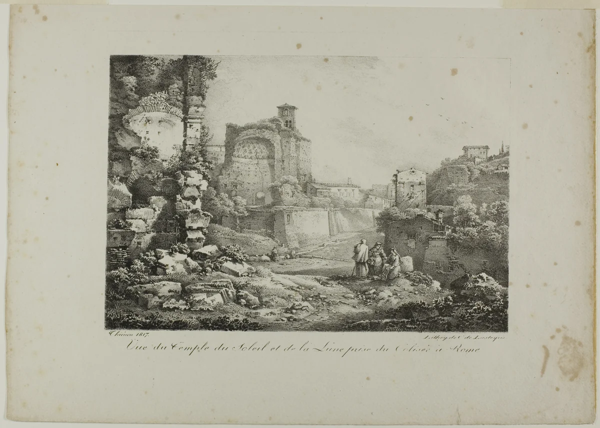 View of the Temple of the Sun and Moon from the Coliseum in Rome by Claude Thienon, print, 1817