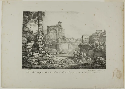 View of the Temple of the Sun and Moon from the Coliseum in Rome by Claude Thienon, print, 1817