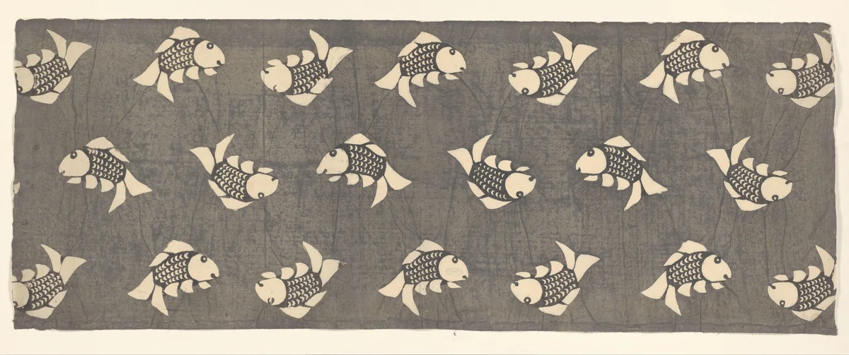 Blad met regelmatig patroon van twintig vissen in grijs by anonymous, other, 1900-1940