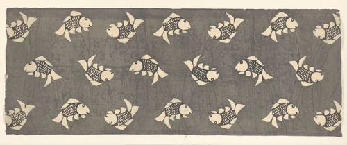 Blad met regelmatig patroon van twintig vissen in grijs by anonymous, other, 1900-1940