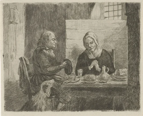 Gebed voor de maaltijd by David van der Kellen, print, 1814-1859