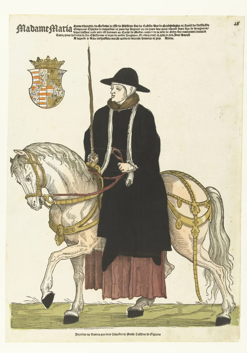 Portret van Maria van Hongarije te paard by Unknown, print, 1538-1553