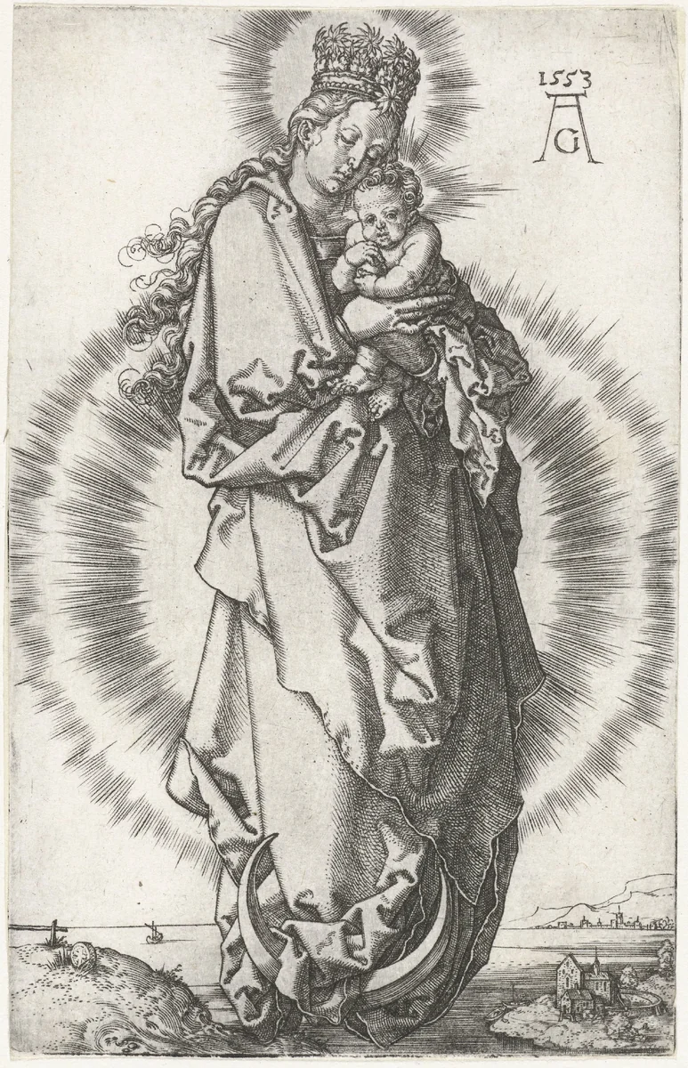Madonna met kind op de maansikkel by Unknown, print, 1553