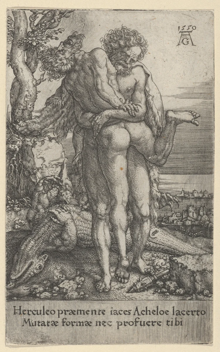 Hercules Fighting the River-God Achelous, from The Labors of Hercules by Heinrich Aldegrever, print, 1550