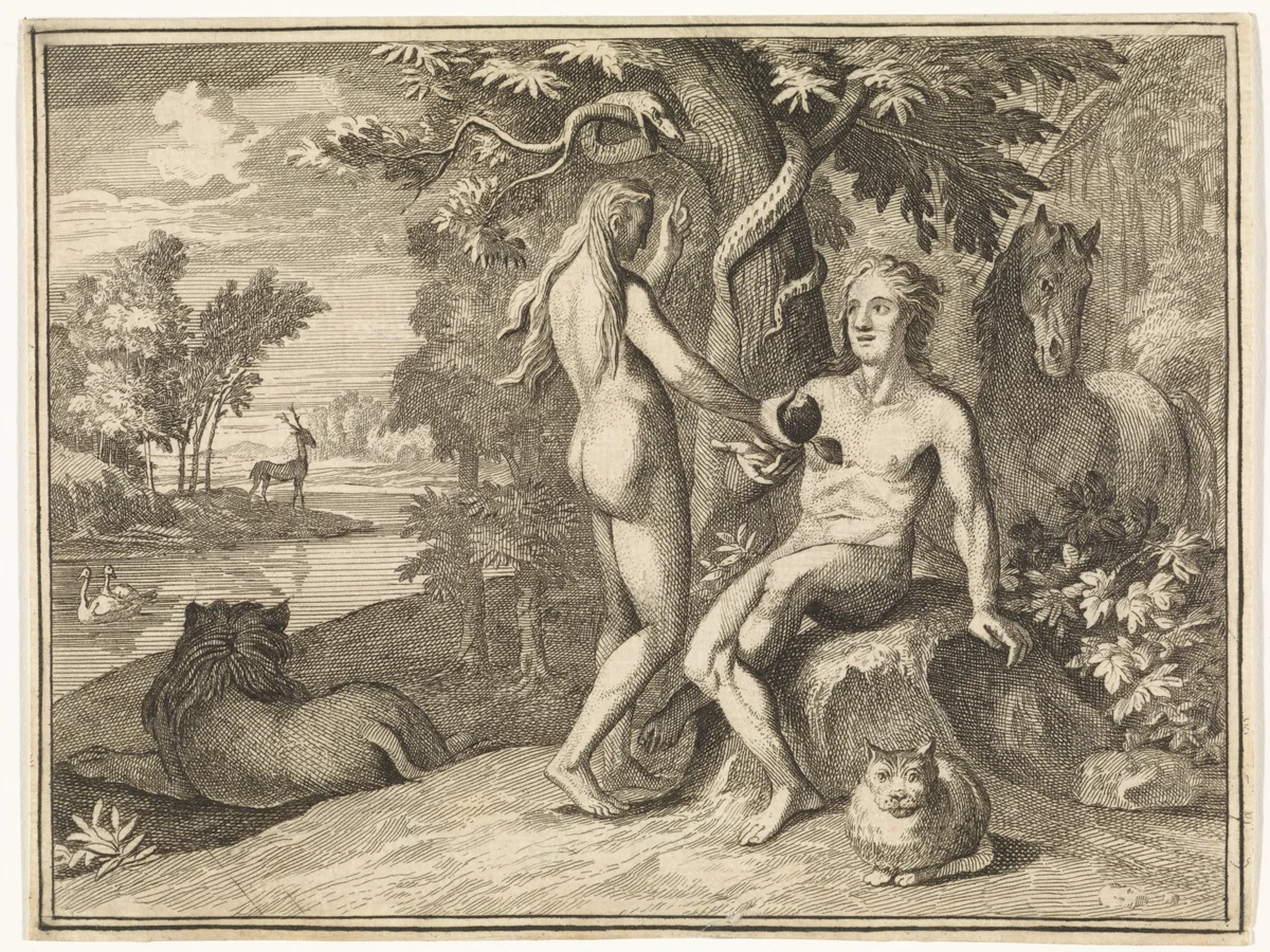 Eva biedt Adam de verboden vrucht aan by Caspar Luyken, print, 1712