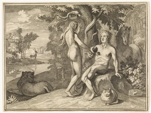 Eva biedt Adam de verboden vrucht aan by Caspar Luyken, print, 1712