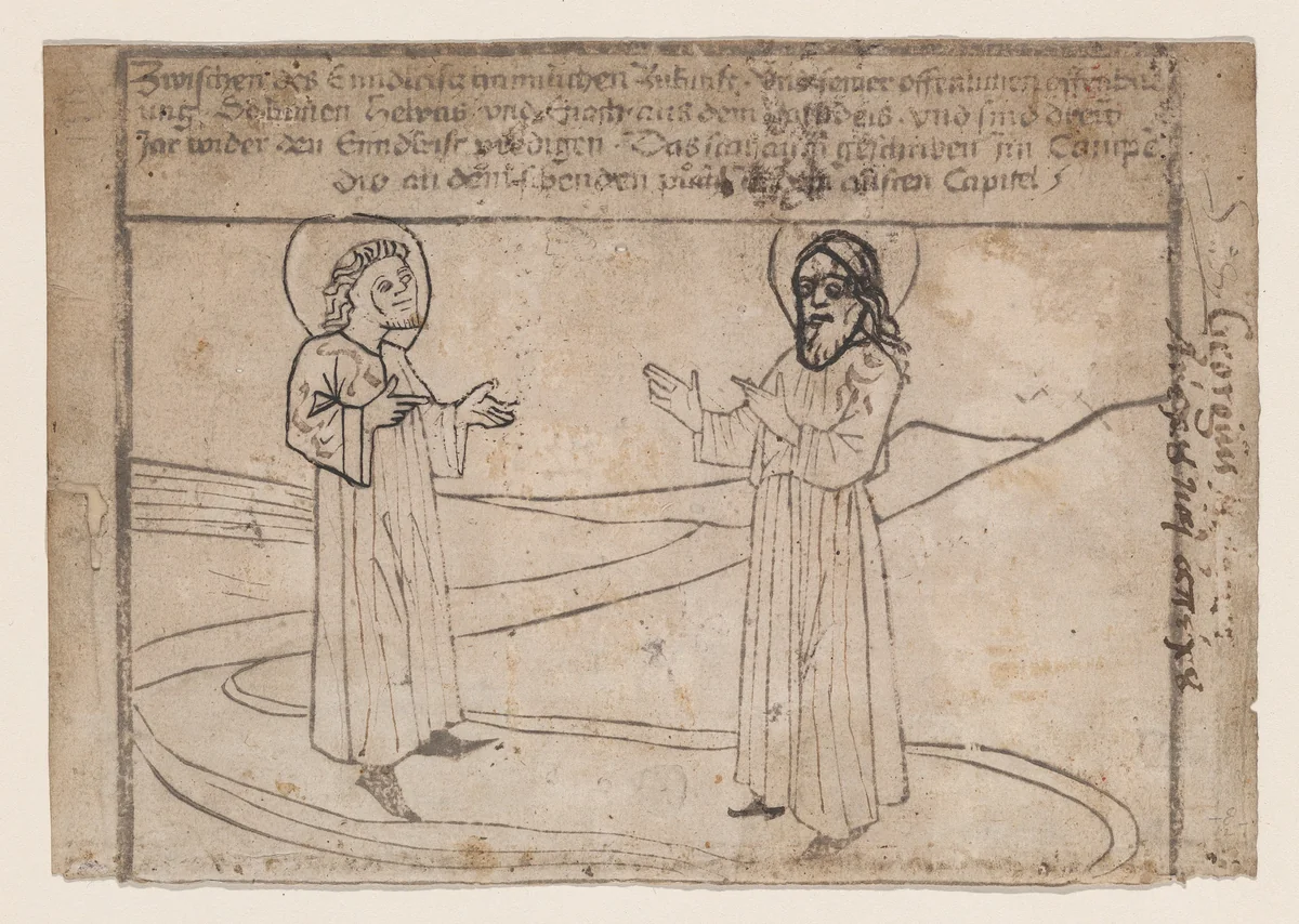 Elias and Enoch Descend from Heaven, from a "Quindecim signa extremi judicii diem praecedentia" (Antichrist and the Fifteen Signs) blockbook, first edition by anonymous, print, 1460-1480