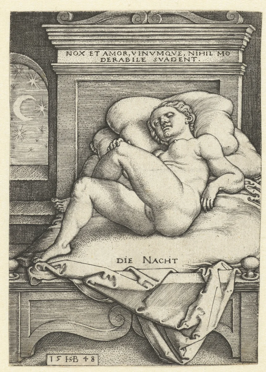 Slapende naakte vrouw als de Nacht (Nux) by Unknown, print, 1548