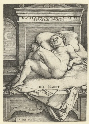Slapende naakte vrouw als de Nacht (Nux) by Unknown, print, 1548