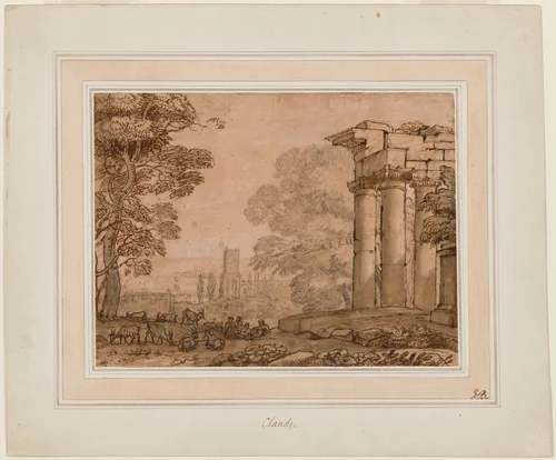 Landscape with Ruins, Pastoral Figures, and Trees by Claude Lorrain, drawing, 1645-1655