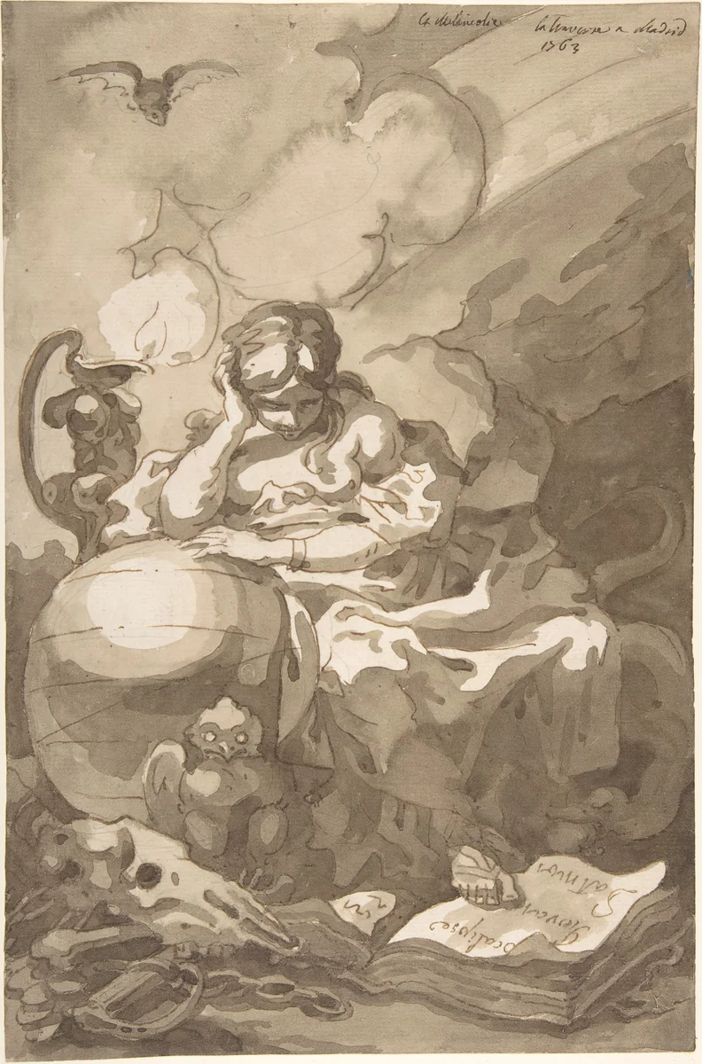 Allegorical Figure of Melancholy by Charles de La Traverse, drawing, 1763