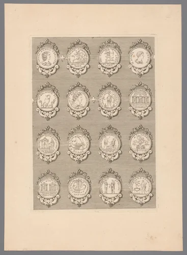 Zestien penningen met versierde lijsten by Simon de la Boissière, print, 1647-1682