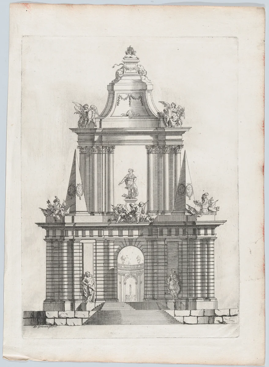 Triumphal arch with three crowns at top, a fountain in the distance by Carl Hårleman, print, 1726