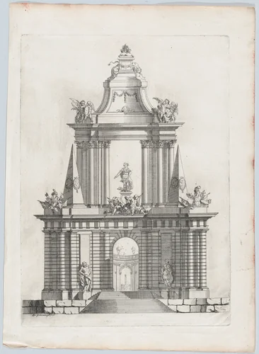 Triumphal arch with three crowns at top, a fountain in the distance by Carl Hårleman, print, 1726