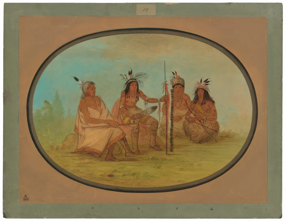 An Aged Ojibbeway Chief and Three Warriors by George Catlin, painting, 1861-1869